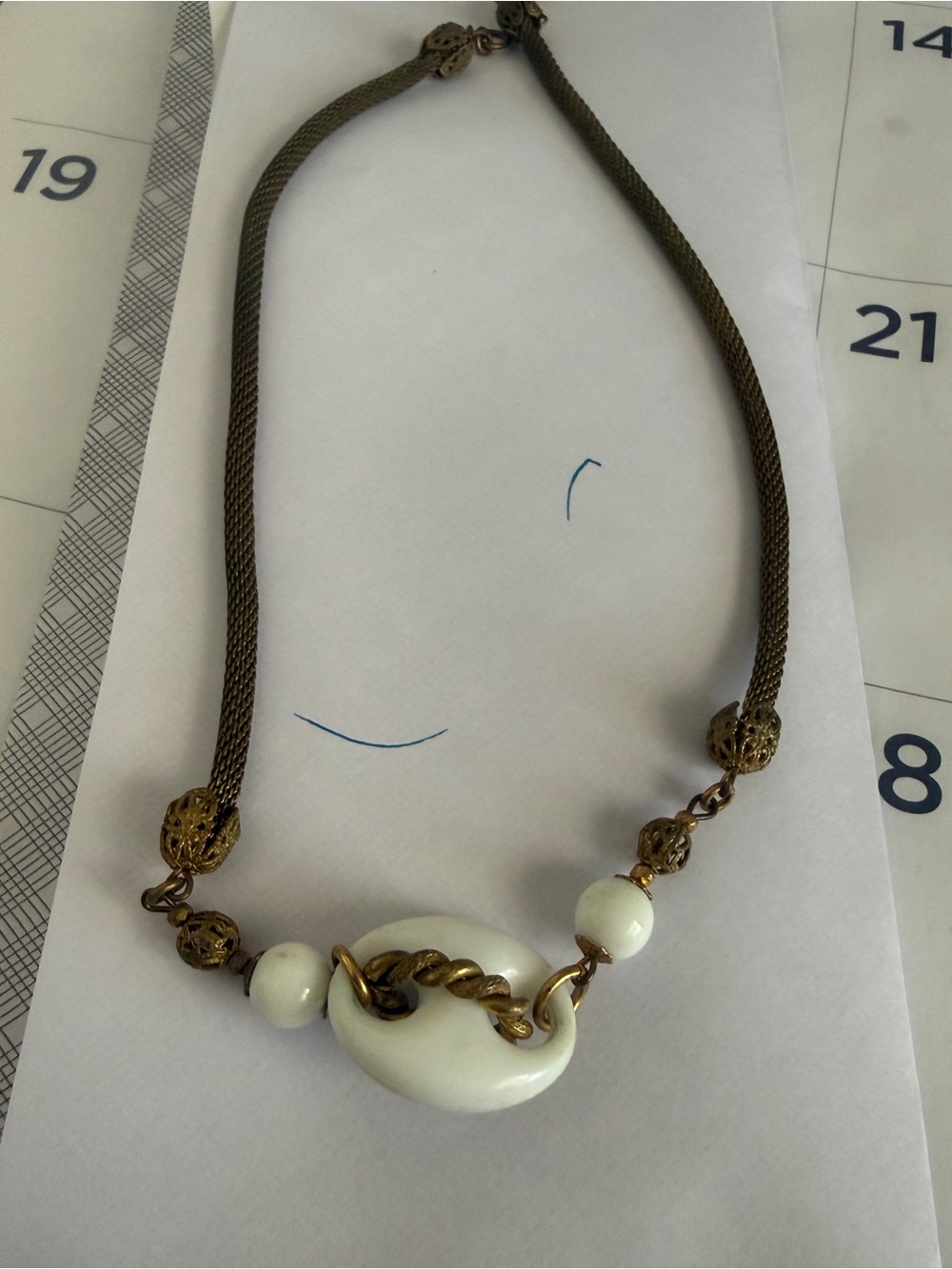 Miriam Haskell Cream Ceramic Donut Pendant Necklace with Gold-Tone Chain